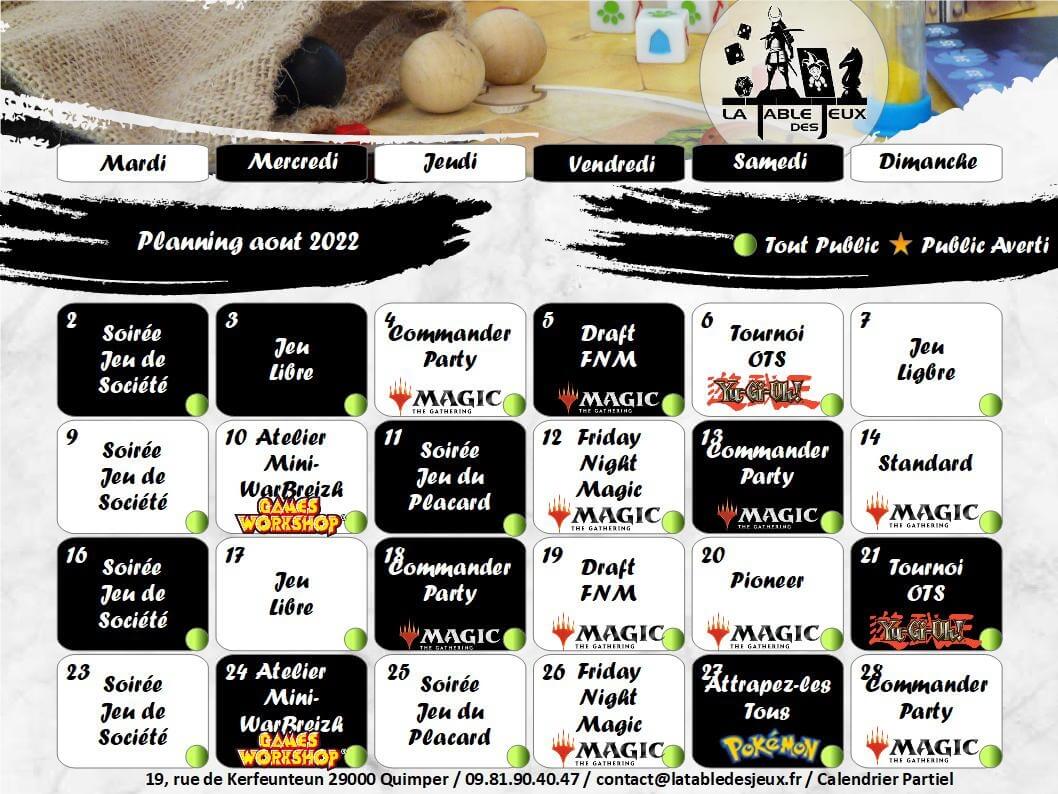 La Table Des Jeux Magasin De Jeux A QUIMPER PLANNING AOUT 2022
