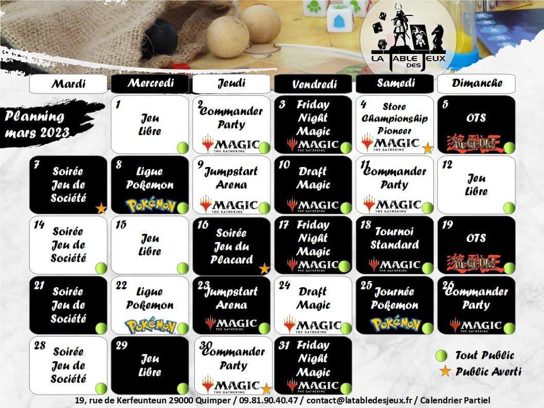 La Table Des Jeux Magasin De Jeux A QUIMPER PLANNING MARS 2023