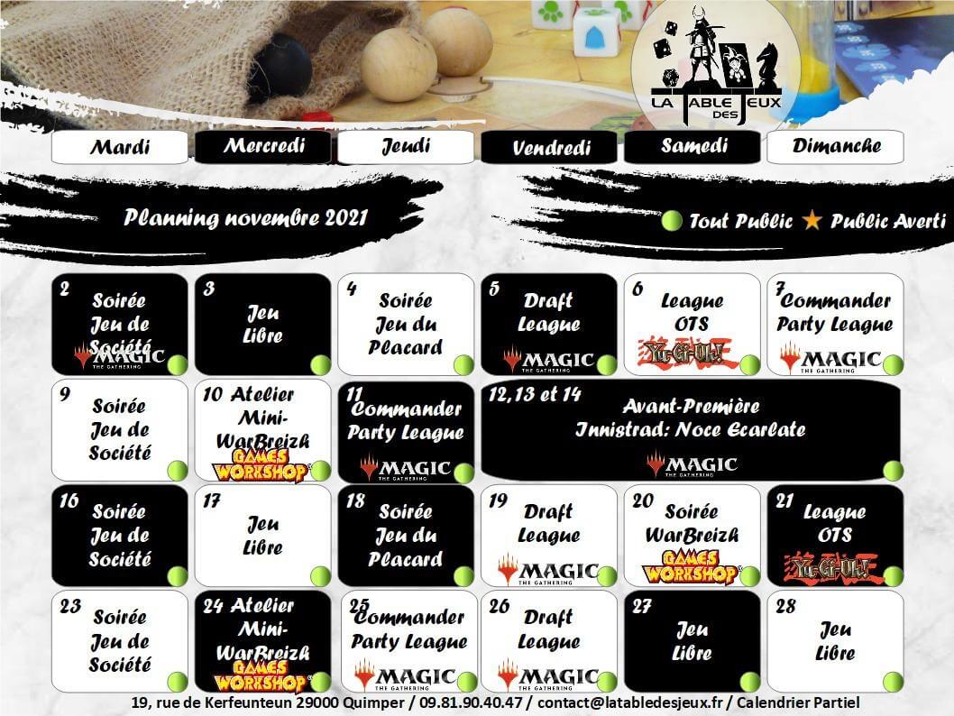 La Table Des Jeux Magasin De Jeux A QUIMPER PLANNING NOVEMBRE 2021