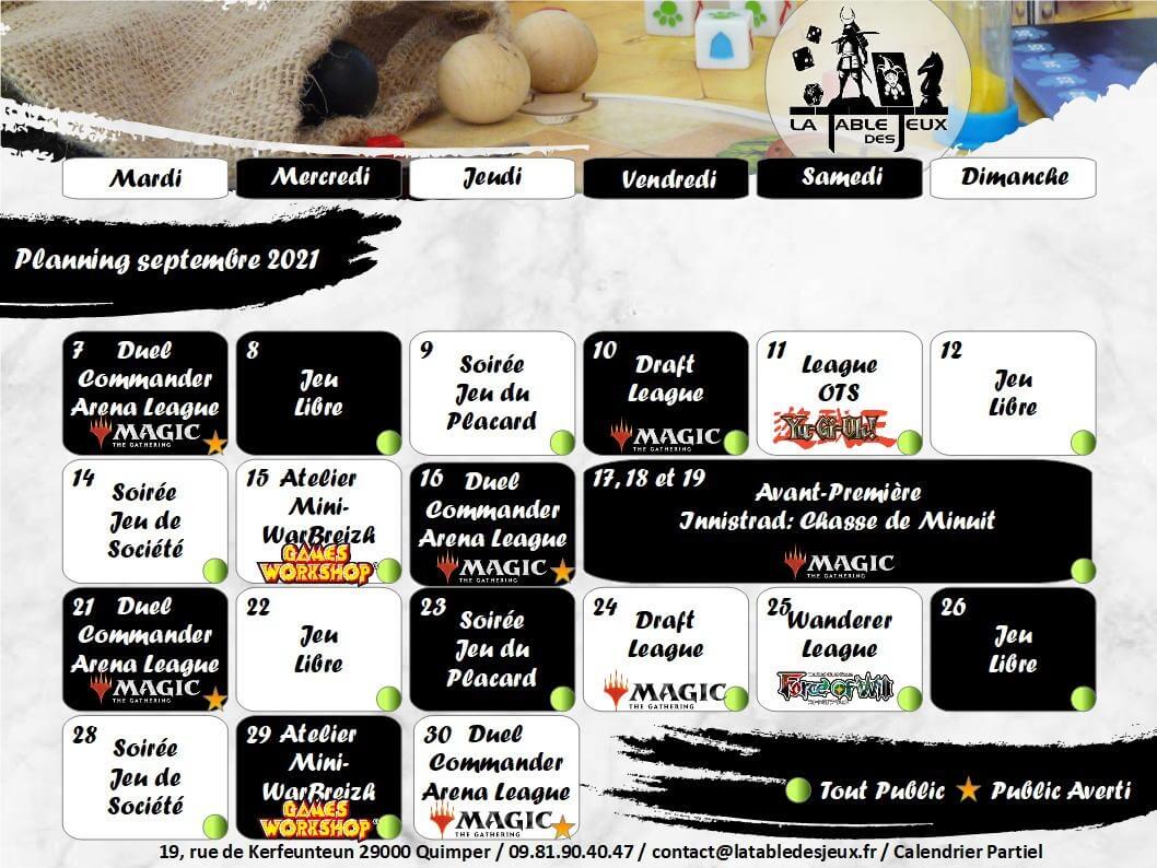 La Table Des Jeux Magasin De Jeux A QUIMPER PLLANING SEPTEMBRE 2021